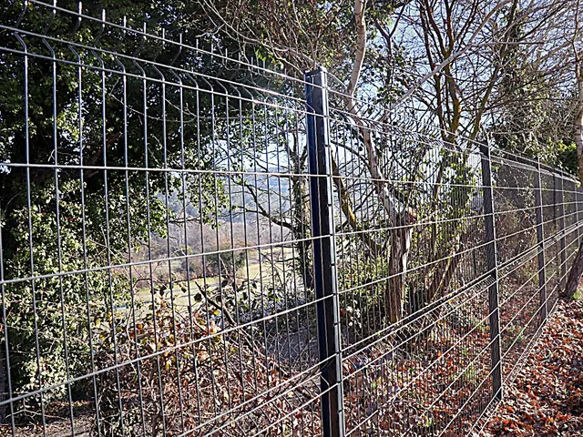 Pose de clôture rigide en panneaux soudés sur poteaux, en lisière de bois dans l’Yonne