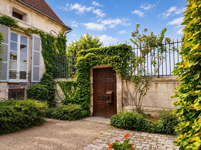 Le portail en bois coiffé de vigne vierge, repris au carré