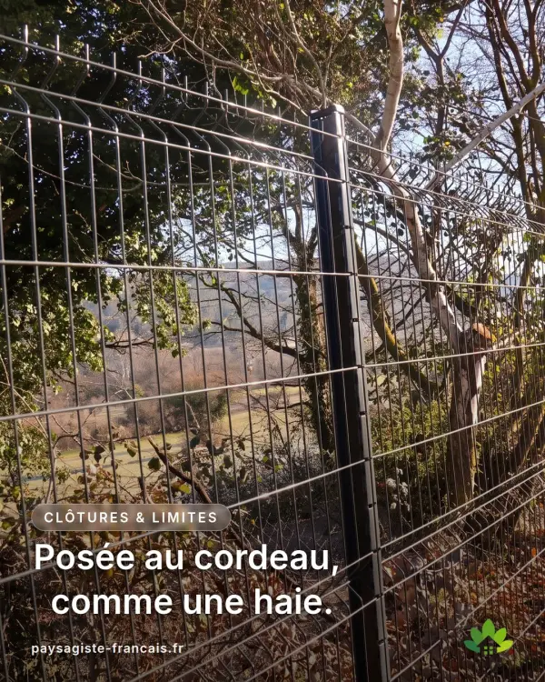 Une clôture, ça se pose au cordeau. Comme une haie.

Panneaux rigides sur poteaux, en limi